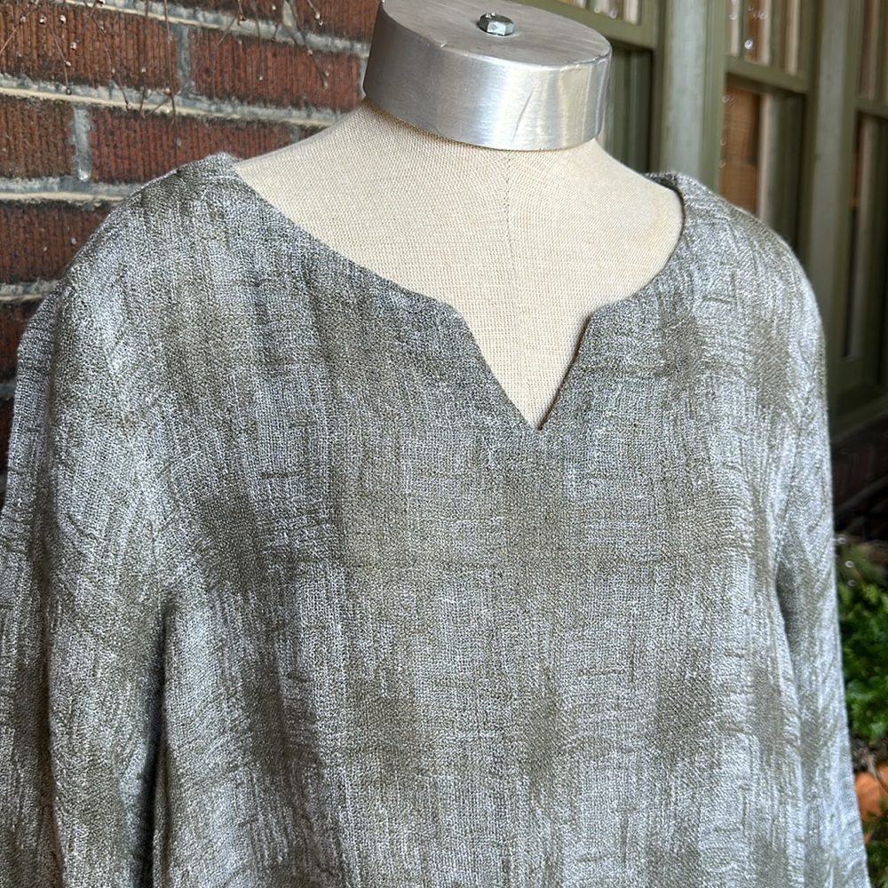 J Jill/Pure Jill olive green/cream textured linen split neck kimono top. Sz L - Picture 4 of 8